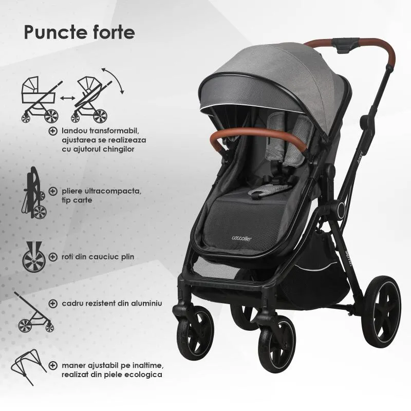 3-in-1 convertible stroller Coccolle Amani iSize, Aluminium frame, Large wheels solid rubber, Suspension, Footmuff, Rain cover, Insect net, XXL canopy, Compact fold, Anthracite