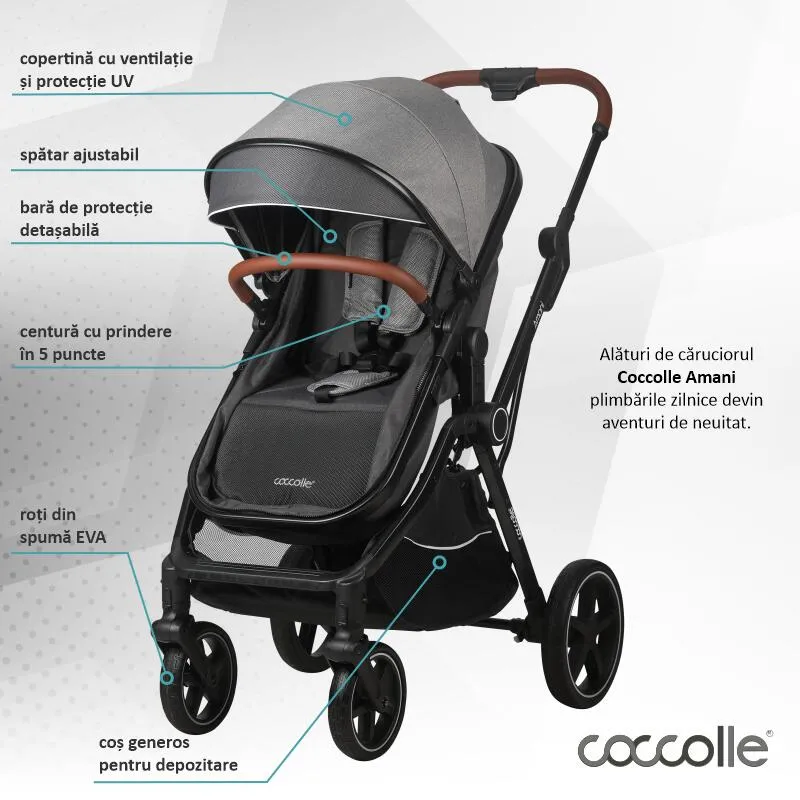 3-in-1 convertible stroller Coccolle Amani iSize, Aluminium frame, Large wheels solid rubber, Suspension, Footmuff, Rain cover, Insect net, XXL canopy, Compact fold, Anthracite
