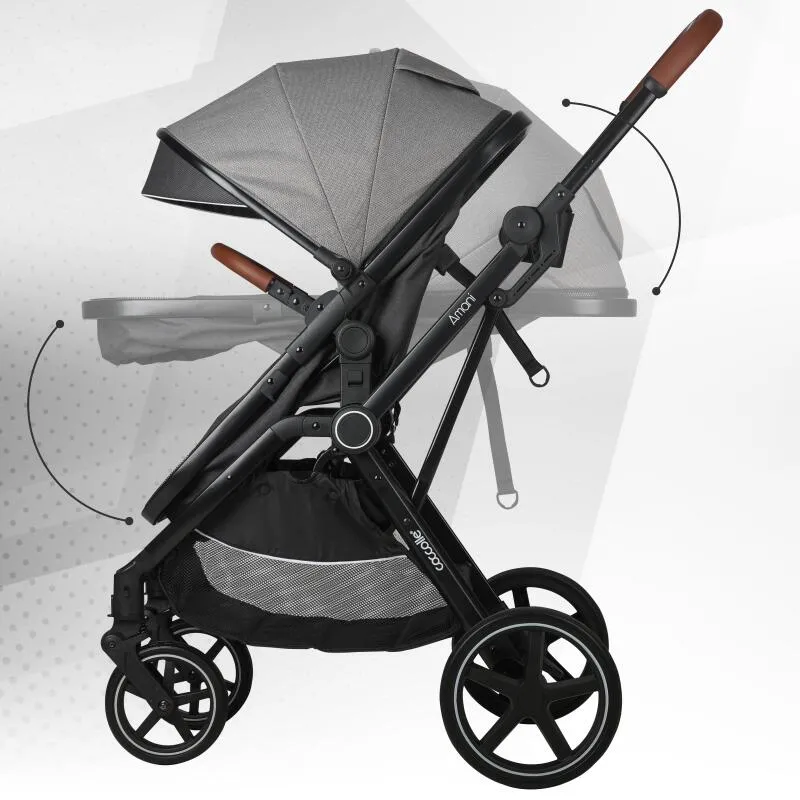 3-in-1 convertible stroller Coccolle Amani iSize, Aluminium frame, Large wheels solid rubber, Suspension, Footmuff, Rain cover, Insect net, XXL canopy, Compact fold, Anthracite