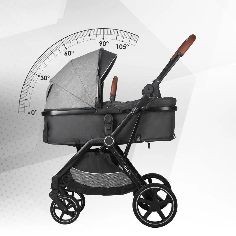 3-in-1 convertible stroller Coccolle Amani iSize, Aluminium frame, Large wheels solid rubber, Suspension, Footmuff, Rain cover, Insect net, XXL canopy, Compact fold, Anthracite