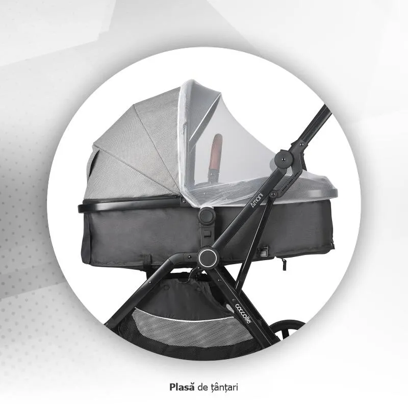 3-in-1 convertible stroller Coccolle Amani iSize, Aluminium frame, Large wheels solid rubber, Suspension, Footmuff, Rain cover, Insect net, XXL canopy, Compact fold, Anthracite