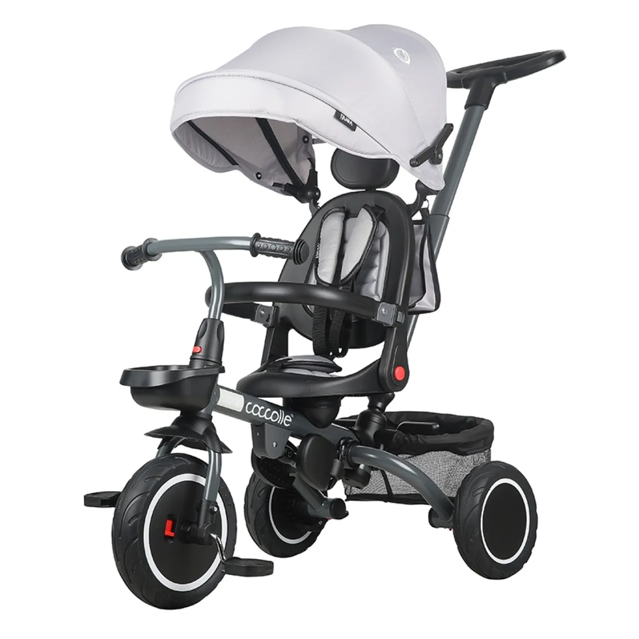 Foldable multifunction tricycle Coccolle Venti, Rubber wheels, Adjustable handle, Rotating seat, Pozitie de somn, safety harness, Footrests, 2 Storage baskets, 1-5 years, Greystone