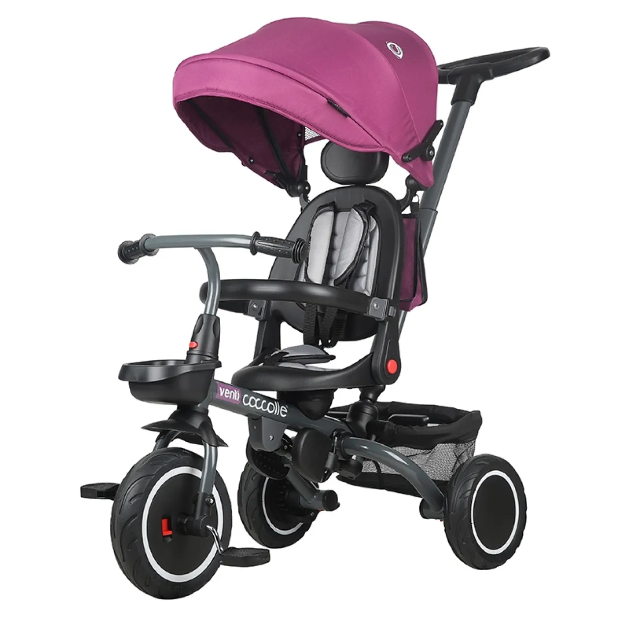Foldable multifunction tricycle Coccolle Venti, Rubber wheels, Adjustable handle, Rotating seat, Pozitie de somn, safety harness, Footrests, 2 Storage baskets, 1-5 years, Magenta