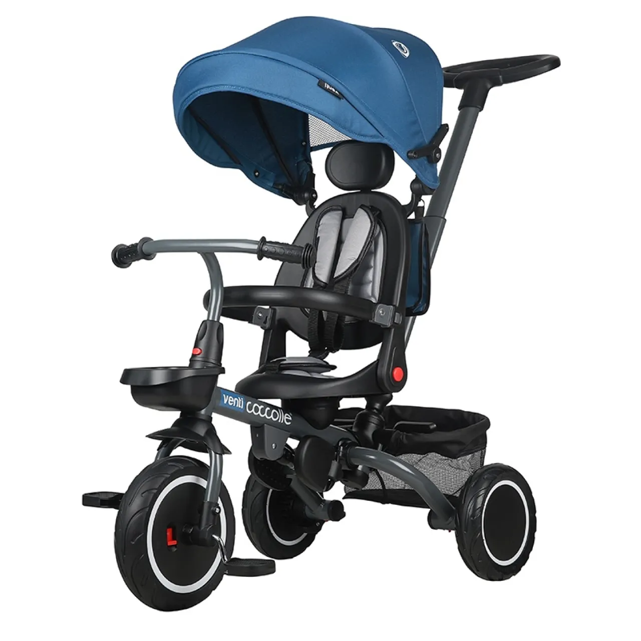 Foldable multifunction tricycle Coccolle Venti, Rubber wheels, Adjustable handle, Rotating seat, Pozitie de somn, safety harness, Footrests, 2 Storage baskets, 1-5 years, Navy Blue