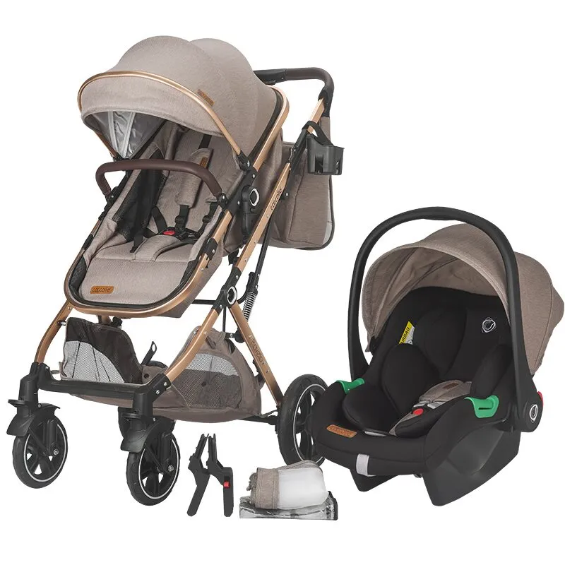Ultra-compact 3-in-1 stroller Coccolle Ravello with i-Size infant seat and convertible bassinet, Aluminium frame anodized, Copertina with protectie UV, Puncture-proof PU alloy wheels, Bag, Rain cover, Sand Beige