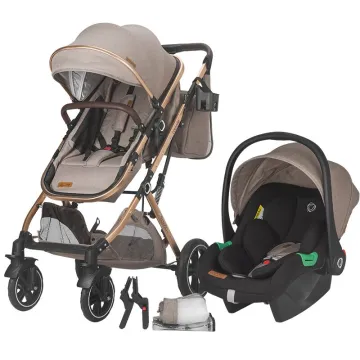 Ultra-compact 3-in-1 stroller Coccolle Ravello with i-Size infant seat and convertible bassinet, Aluminium frame anodized, Copertina with protectie UV, Puncture-proof PU alloy wheels, Bag, Rain cover, Sand Beige