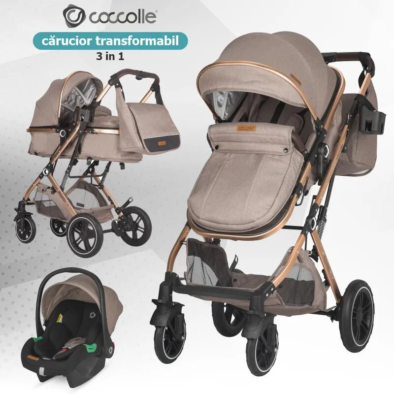 Ultra-compact 3-in-1 stroller Coccolle Ravello with i-Size infant seat and convertible bassinet, Aluminium frame anodized, Copertina with protectie UV, Puncture-proof PU alloy wheels, Bag, Rain cover, Sand Beige