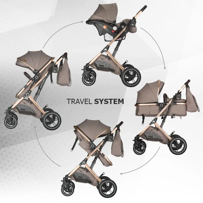 Ultra-compact 3-in-1 stroller Coccolle Ravello with i-Size infant seat and convertible bassinet, Aluminium frame anodized, Copertina with protectie UV, Puncture-proof PU alloy wheels, Bag, Rain cover, Sand Beige