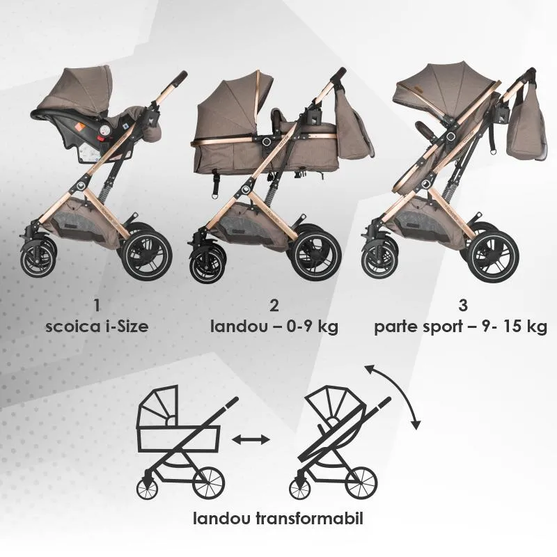Ultra-compact 3-in-1 stroller Coccolle Ravello with i-Size infant seat and convertible bassinet, Aluminium frame anodized, Copertina with protectie UV, Puncture-proof PU alloy wheels, Bag, Rain cover, Sand Beige