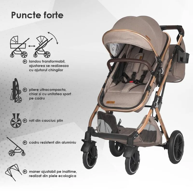 Ultra-compact 3-in-1 stroller Coccolle Ravello with i-Size infant seat and convertible bassinet, Aluminium frame anodized, Copertina with protectie UV, Puncture-proof PU alloy wheels, Bag, Rain cover, Sand Beige