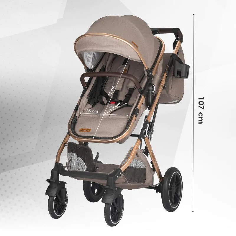 Ultra-compact 3-in-1 stroller Coccolle Ravello with i-Size infant seat and convertible bassinet, Aluminium frame anodized, Copertina with protectie UV, Puncture-proof PU alloy wheels, Bag, Rain cover, Sand Beige