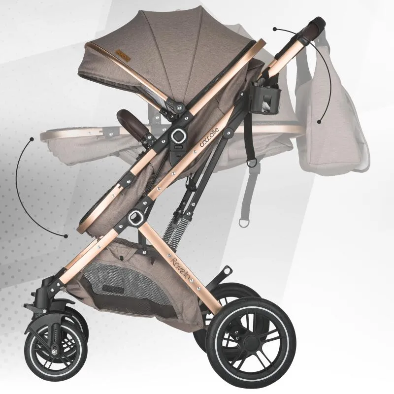 Ultra-compact 3-in-1 stroller Coccolle Ravello with i-Size infant seat and convertible bassinet, Aluminium frame anodized, Copertina with protectie UV, Puncture-proof PU alloy wheels, Bag, Rain cover, Sand Beige