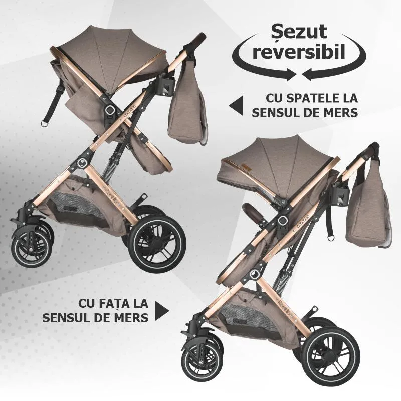 Ultra-compact 3-in-1 stroller Coccolle Ravello with i-Size infant seat and convertible bassinet, Aluminium frame anodized, Copertina with protectie UV, Puncture-proof PU alloy wheels, Bag, Rain cover, Sand Beige
