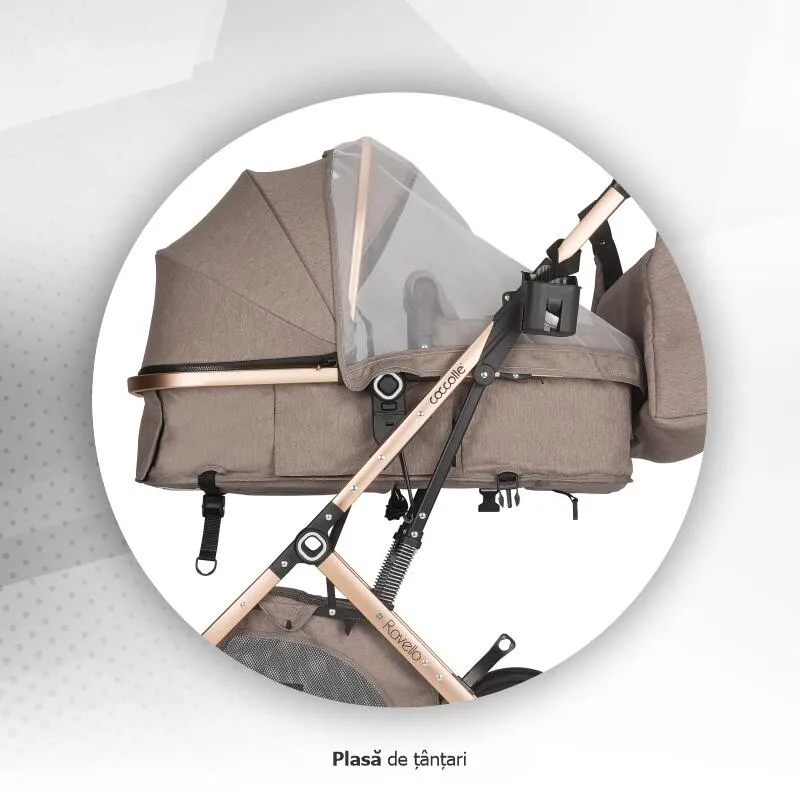 Ultra-compact 3-in-1 stroller Coccolle Ravello with i-Size infant seat and convertible bassinet, Aluminium frame anodized, Copertina with protectie UV, Puncture-proof PU alloy wheels, Bag, Rain cover, Sand Beige