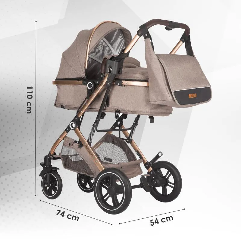 Ultra-compact 3-in-1 stroller Coccolle Ravello with i-Size infant seat and convertible bassinet, Aluminium frame anodized, Copertina with protectie UV, Puncture-proof PU alloy wheels, Bag, Rain cover, Sand Beige