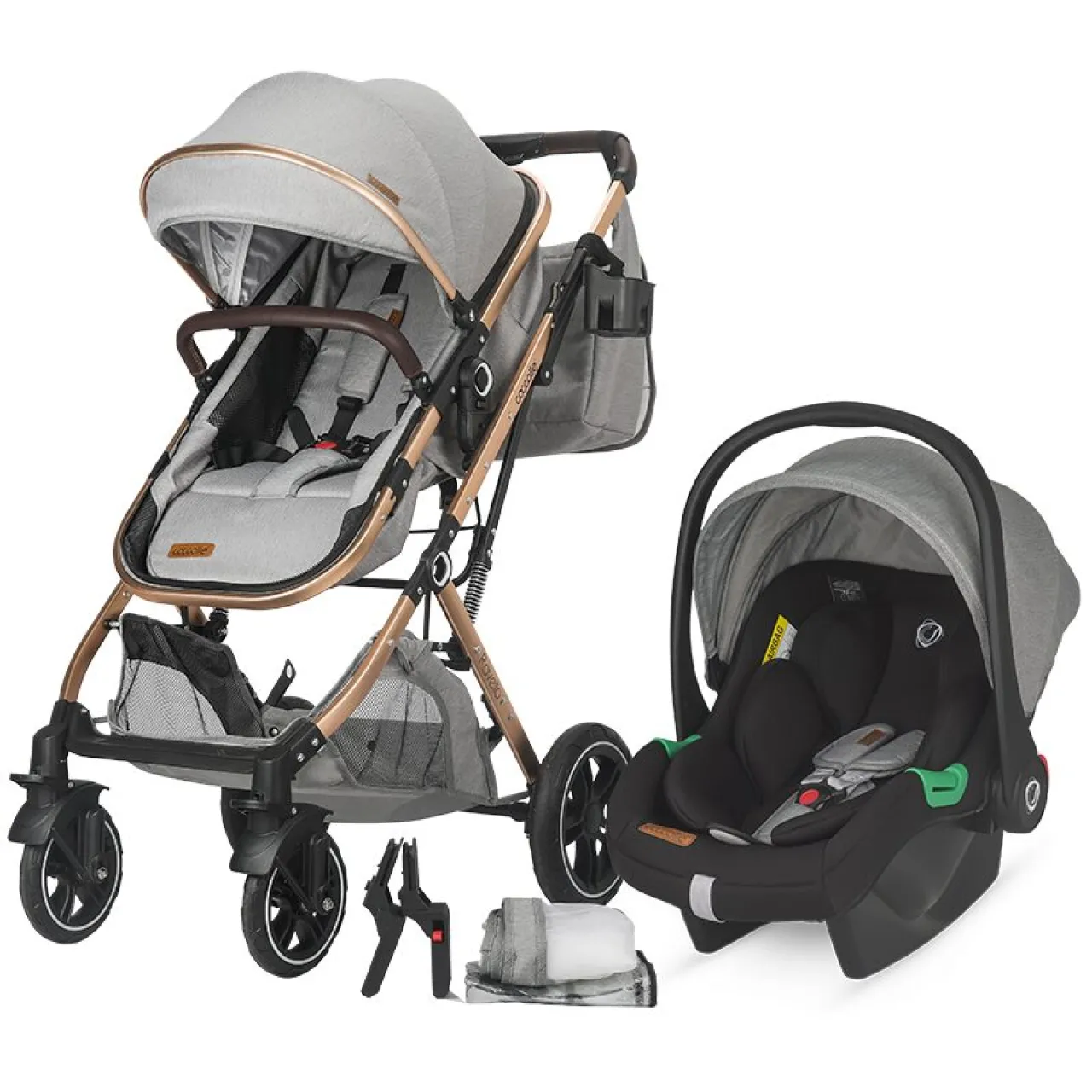 Ultra-compact 3-in-1 stroller Coccolle Ravello with i-Size infant seat and convertible bassinet, Aluminium frame anodized, Copertina with protectie UV, Puncture-proof PU alloy wheels, Bag, Rain cover, Moonlit Grey