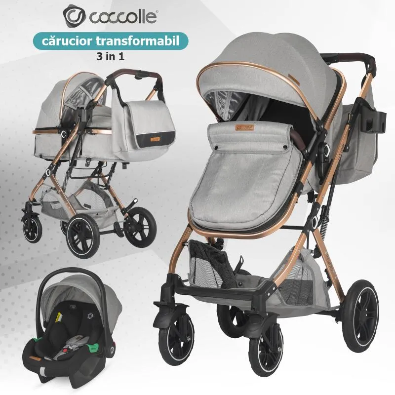 Ultra-compact 3-in-1 stroller Coccolle Ravello with i-Size infant seat and convertible bassinet, Aluminium frame anodized, Copertina with protectie UV, Puncture-proof PU alloy wheels, Bag, Rain cover, Moonlit Grey