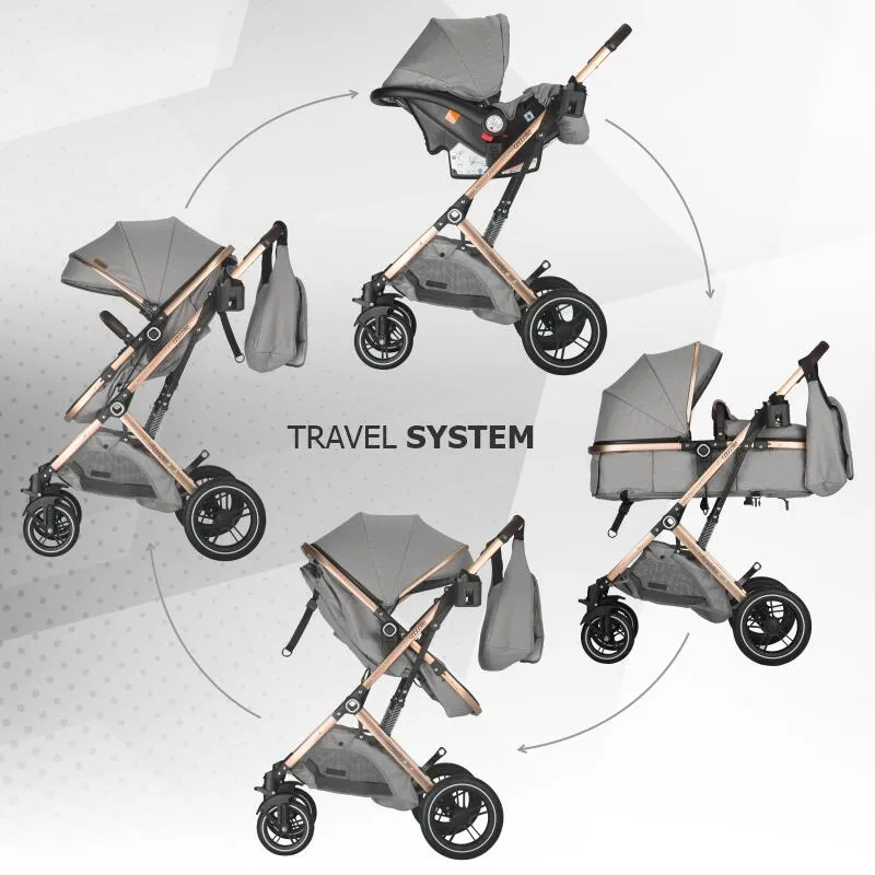 Ultra-compact 3-in-1 stroller Coccolle Ravello with i-Size infant seat and convertible bassinet, Aluminium frame anodized, Copertina with protectie UV, Puncture-proof PU alloy wheels, Bag, Rain cover, Moonlit Grey