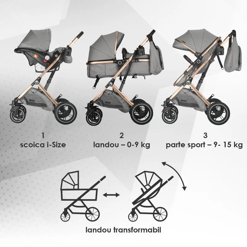 Ultra-compact 3-in-1 stroller Coccolle Ravello with i-Size infant seat and convertible bassinet, Aluminium frame anodized, Copertina with protectie UV, Puncture-proof PU alloy wheels, Bag, Rain cover, Moonlit Grey