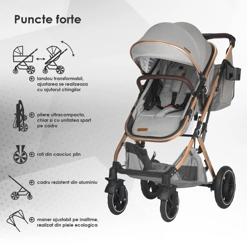 Ultra-compact 3-in-1 stroller Coccolle Ravello with i-Size infant seat and convertible bassinet, Aluminium frame anodized, Copertina with protectie UV, Puncture-proof PU alloy wheels, Bag, Rain cover, Moonlit Grey
