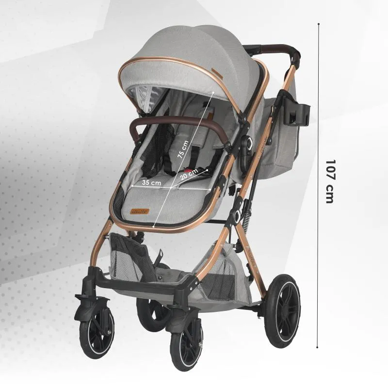Ultra-compact 3-in-1 stroller Coccolle Ravello with i-Size infant seat and convertible bassinet, Aluminium frame anodized, Copertina with protectie UV, Puncture-proof PU alloy wheels, Bag, Rain cover, Moonlit Grey