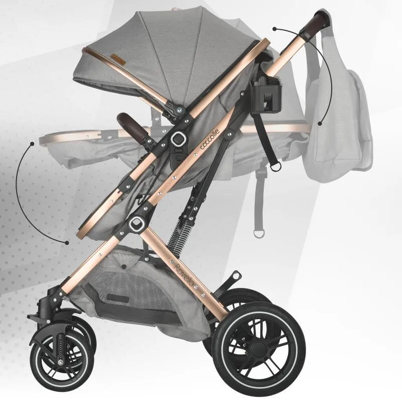 Ultra-compact 3-in-1 stroller Coccolle Ravello with i-Size infant seat and convertible bassinet, Aluminium frame anodized, Copertina with protectie UV, Puncture-proof PU alloy wheels, Bag, Rain cover, Moonlit Grey