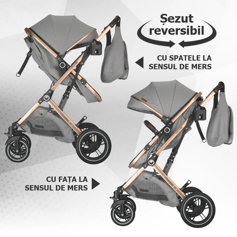 Ultra-compact 3-in-1 stroller Coccolle Ravello with i-Size infant seat and convertible bassinet, Aluminium frame anodized, Copertina with protectie UV, Puncture-proof PU alloy wheels, Bag, Rain cover, Moonlit Grey
