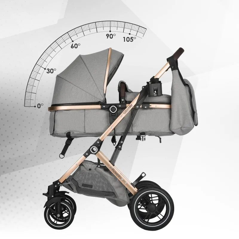 Ultra-compact 3-in-1 stroller Coccolle Ravello with i-Size infant seat and convertible bassinet, Aluminium frame anodized, Copertina with protectie UV, Puncture-proof PU alloy wheels, Bag, Rain cover, Moonlit Grey