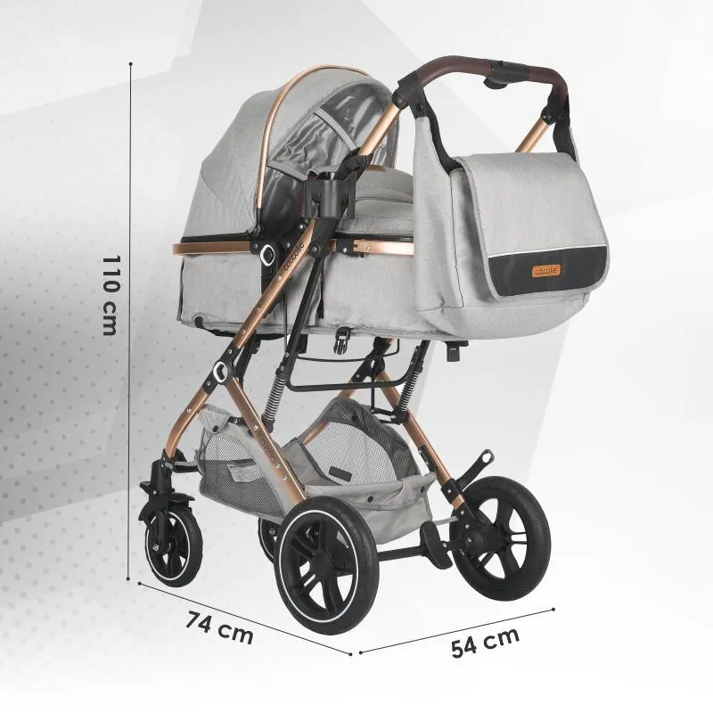 Ultra-compact 3-in-1 stroller Coccolle Ravello with i-Size infant seat and convertible bassinet, Aluminium frame anodized, Copertina with protectie UV, Puncture-proof PU alloy wheels, Bag, Rain cover, Moonlit Grey