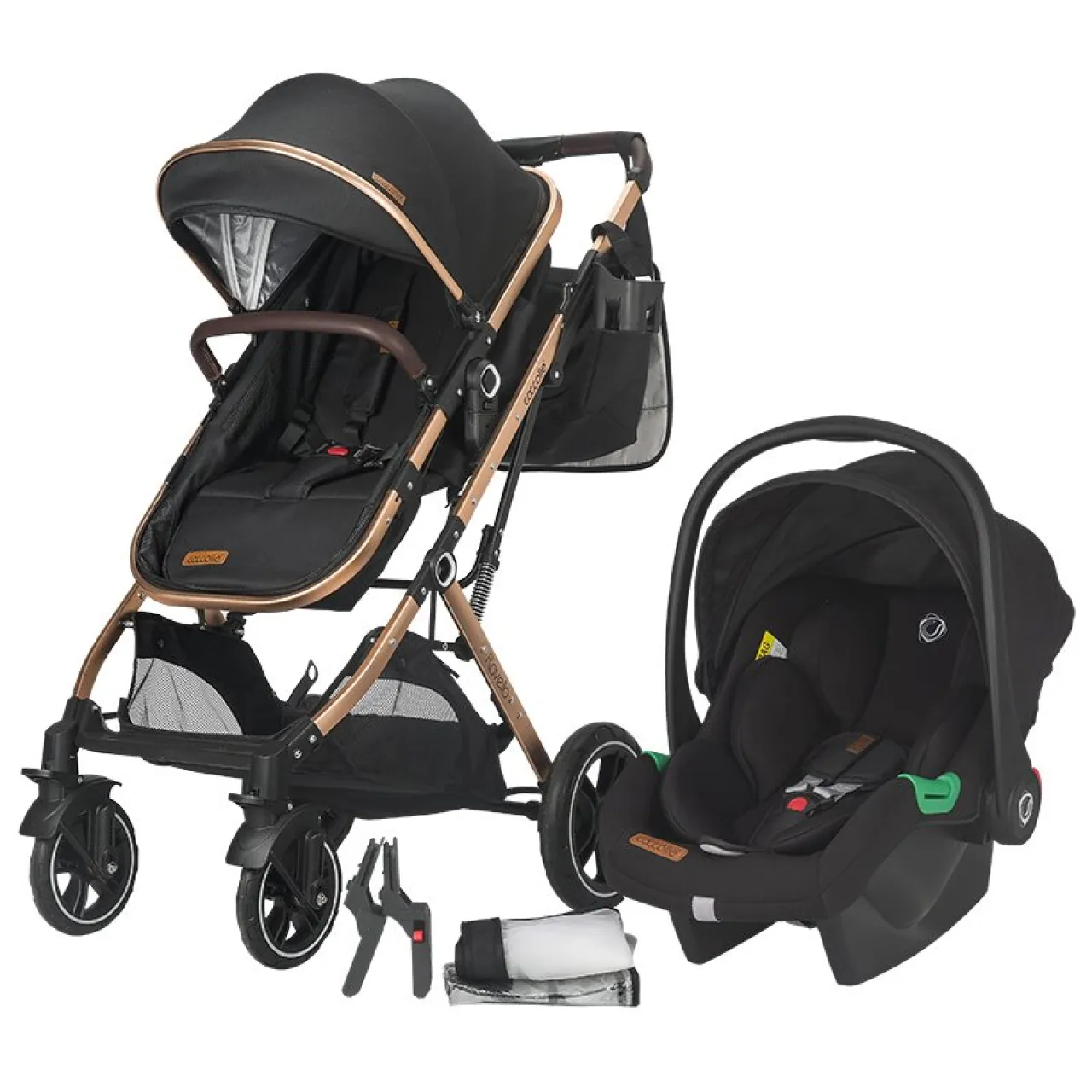 Ultra-compact 3-in-1 stroller Coccolle Ravello with i-Size infant seat and convertible bassinet, Aluminium frame anodized, Copertina with protectie UV, Puncture-proof PU alloy wheels, Bag, Rain cover, Diamond Black