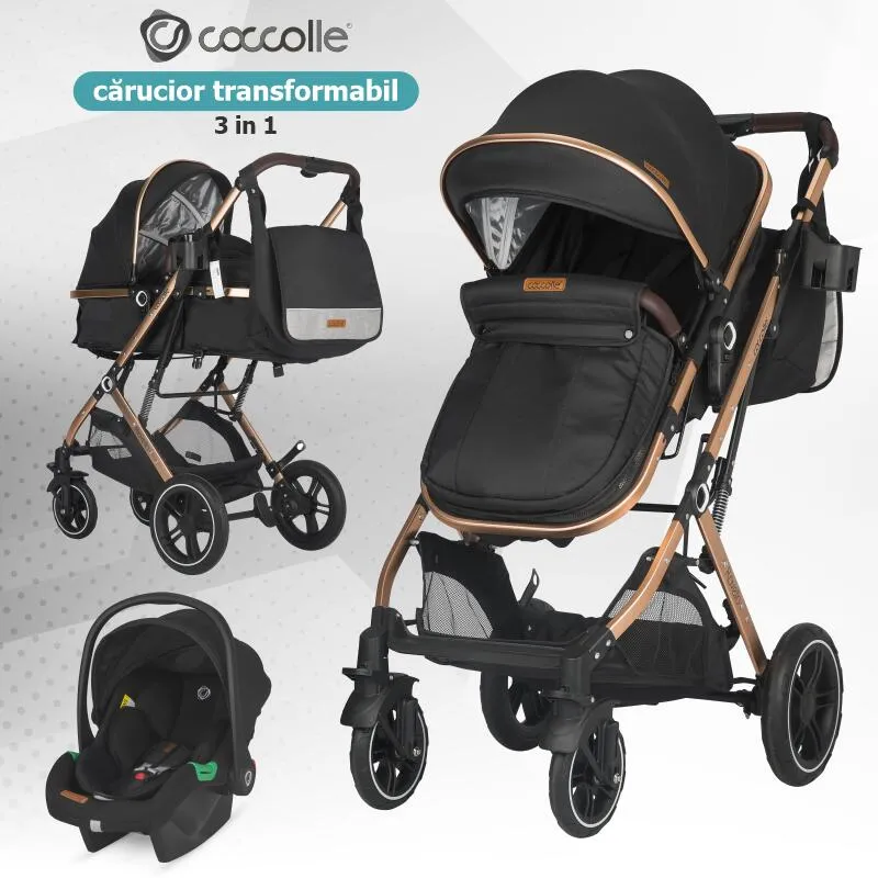 Ultra-compact 3-in-1 stroller Coccolle Ravello with i-Size infant seat and convertible bassinet, Aluminium frame anodized, Copertina with protectie UV, Puncture-proof PU alloy wheels, Bag, Rain cover, Diamond Black