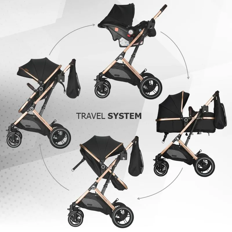 Ultra-compact 3-in-1 stroller Coccolle Ravello with i-Size infant seat and convertible bassinet, Aluminium frame anodized, Copertina with protectie UV, Puncture-proof PU alloy wheels, Bag, Rain cover, Diamond Black