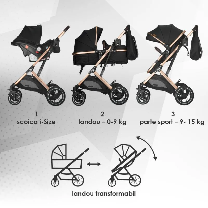 Ultra-compact 3-in-1 stroller Coccolle Ravello with i-Size infant seat and convertible bassinet, Aluminium frame anodized, Copertina with protectie UV, Puncture-proof PU alloy wheels, Bag, Rain cover, Diamond Black
