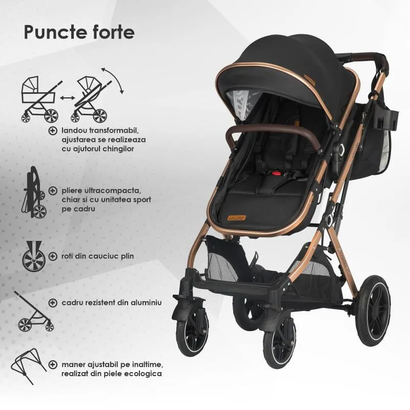 Ultra-compact 3-in-1 stroller Coccolle Ravello with i-Size infant seat and convertible bassinet, Aluminium frame anodized, Copertina with protectie UV, Puncture-proof PU alloy wheels, Bag, Rain cover, Diamond Black