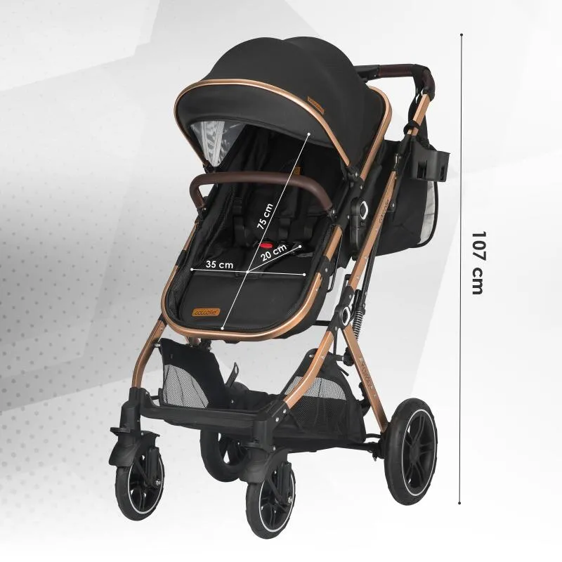 Ultra-compact 3-in-1 stroller Coccolle Ravello with i-Size infant seat and convertible bassinet, Aluminium frame anodized, Copertina with protectie UV, Puncture-proof PU alloy wheels, Bag, Rain cover, Diamond Black