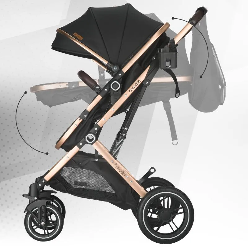 Ultra-compact 3-in-1 stroller Coccolle Ravello with i-Size infant seat and convertible bassinet, Aluminium frame anodized, Copertina with protectie UV, Puncture-proof PU alloy wheels, Bag, Rain cover, Diamond Black