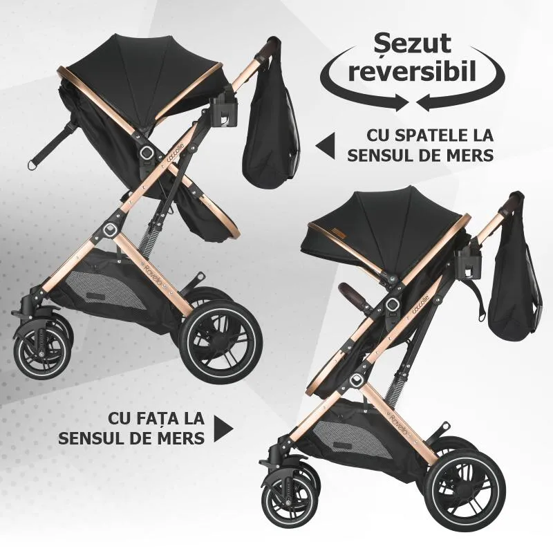 Ultra-compact 3-in-1 stroller Coccolle Ravello with i-Size infant seat and convertible bassinet, Aluminium frame anodized, Copertina with protectie UV, Puncture-proof PU alloy wheels, Bag, Rain cover, Diamond Black