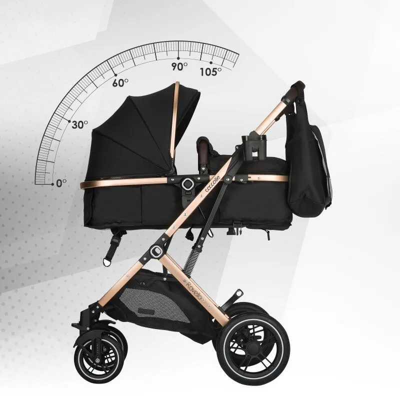 Ultra-compact 3-in-1 stroller Coccolle Ravello with i-Size infant seat and convertible bassinet, Aluminium frame anodized, Copertina with protectie UV, Puncture-proof PU alloy wheels, Bag, Rain cover, Diamond Black