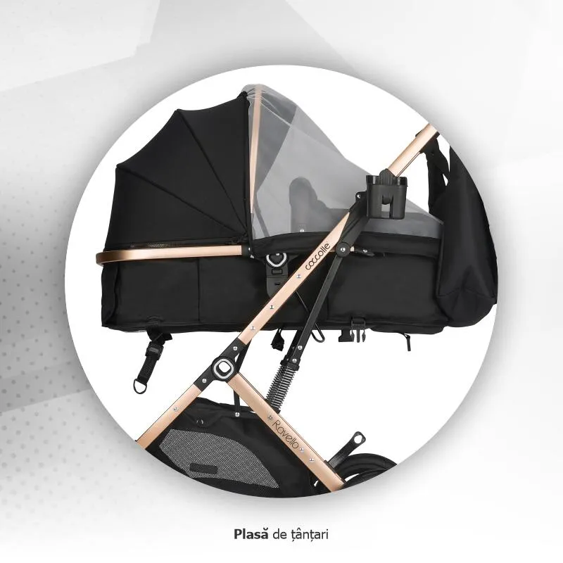 Ultra-compact 3-in-1 stroller Coccolle Ravello with i-Size infant seat and convertible bassinet, Aluminium frame anodized, Copertina with protectie UV, Puncture-proof PU alloy wheels, Bag, Rain cover, Diamond Black