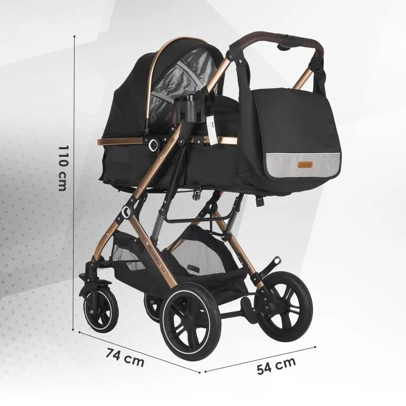 Ultra-compact 3-in-1 stroller Coccolle Ravello with i-Size infant seat and convertible bassinet, Aluminium frame anodized, Copertina with protectie UV, Puncture-proof PU alloy wheels, Bag, Rain cover, Diamond Black