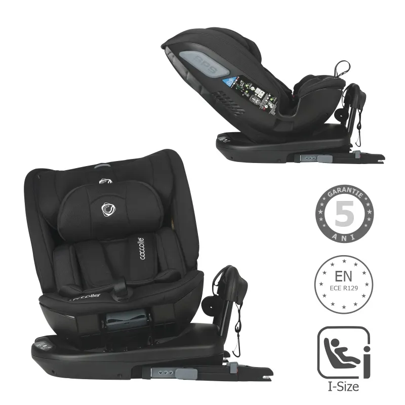 Coccolle i-Size car seat Velsa Evolutiv, rotating with isofix, 40-150 cm or 0-36 kg, SPS side-impact protection, Newborn insert, Pozitie Somn, 5-point harness, R129 approved, Jet Black