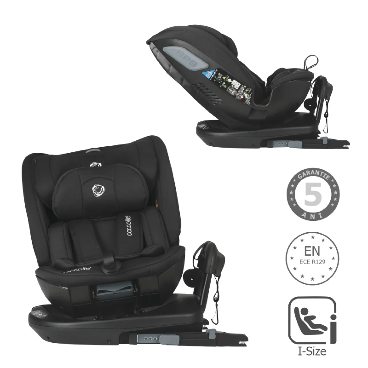 Coccolle i-Size car seat Velsa Evolutiv, rotating with isofix, 40-150 cm or 0-36 kg, SPS side-impact protection, Newborn insert, Pozitie Somn, 5-point harness, R129 approved, Jet Black