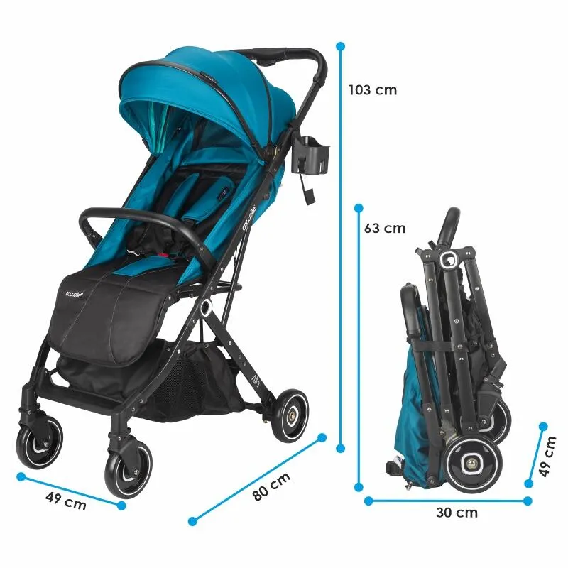Sport umbrella stroller Coccolle Alla, One-hand fold, Aluminium frame, Canopy with sun visor and mesh panel, Adjustable backrest, Shopping basket, Weight 5.6 kg, Turquoise Tide
