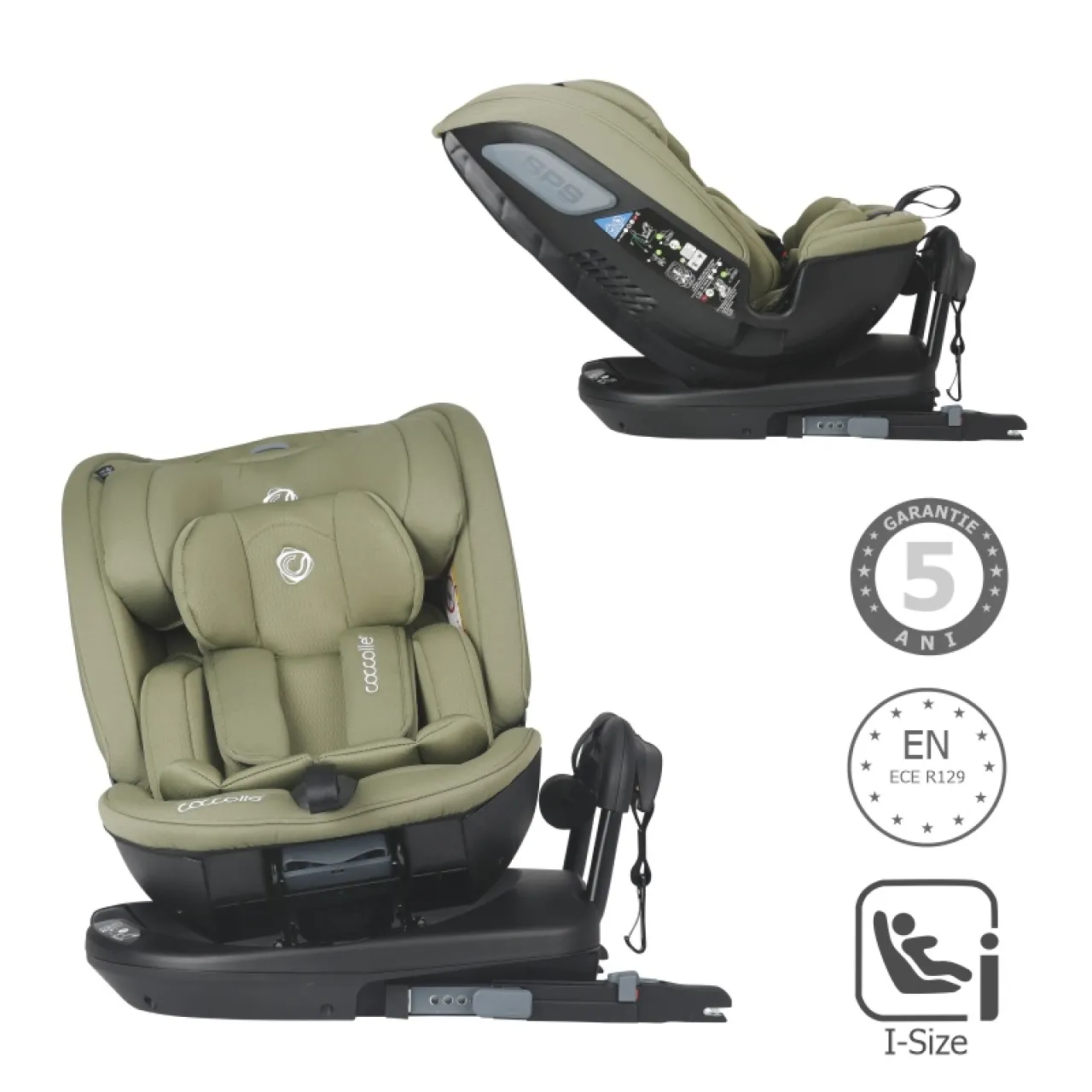 Coccolle i-Size car seat Velsa Evolutiv, rotating with isofix, 40-150 cm or 0-36 kg, SPS side-impact protection, Newborn insert, Pozitie Somn, 5-point harness, R129 approved, Moss Green