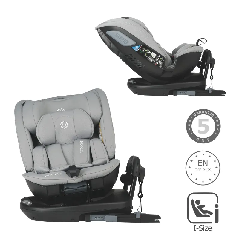 Coccolle i-Size car seat Velsa Evolutiv, rotating with isofix, 40-150 cm or 0-36 kg, SPS side-impact protection, Newborn insert, Pozitie Somn, 5-point harness, R129 approved, Neutral Grey