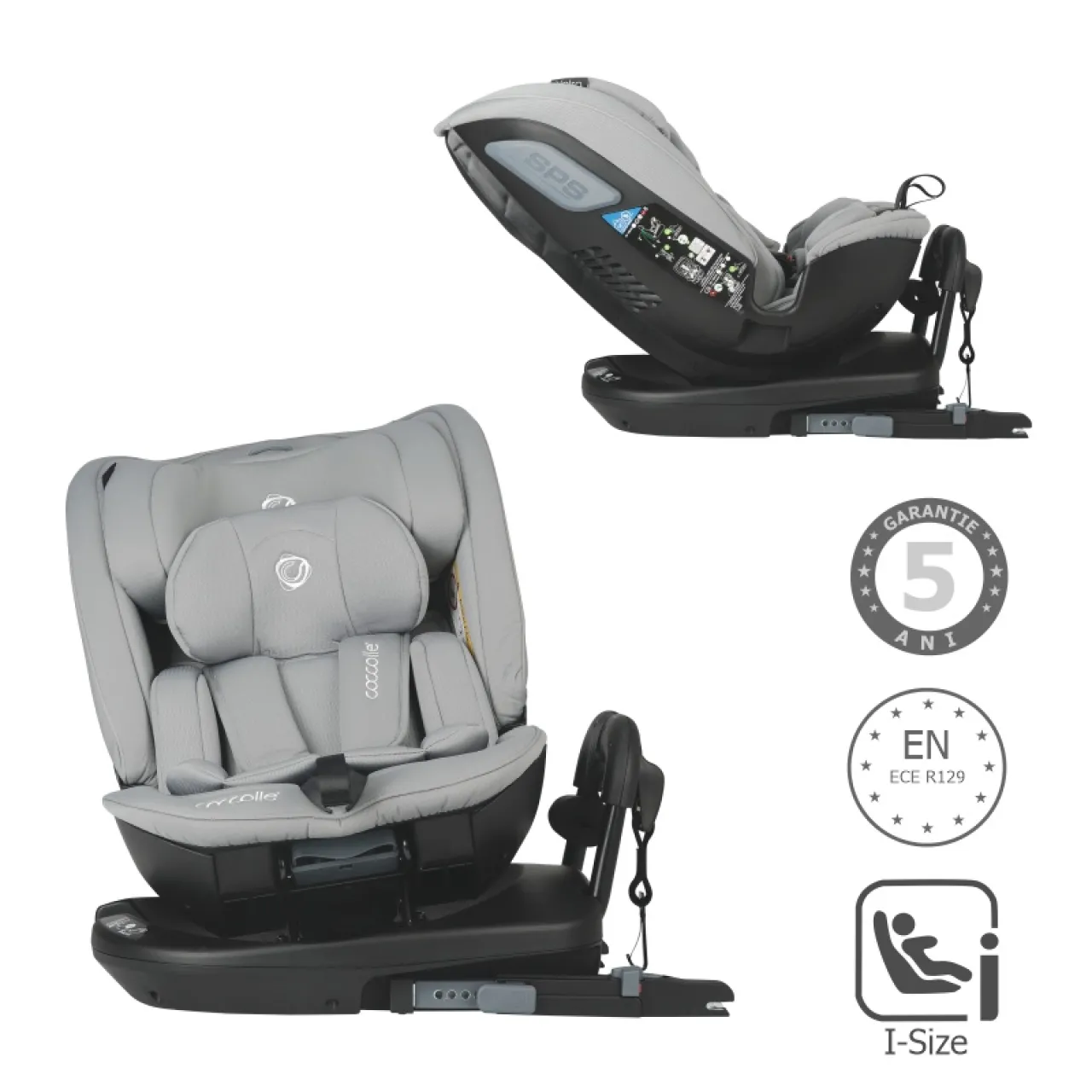 Coccolle i-Size car seat Velsa Evolutiv, rotating with isofix, 40-150 cm or 0-36 kg, SPS side-impact protection, Newborn insert, Pozitie Somn, 5-point harness, R129 approved, Neutral Grey