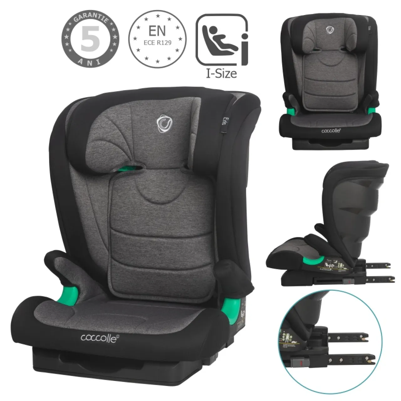 i-Size Isofix car seat Coccolle Eris, 100-150 cm, Adjustable headrest and backrest, Pozitie somn junior, Comfortable armrests, R129 approved, Adjustable Isofix bars, Greystone
