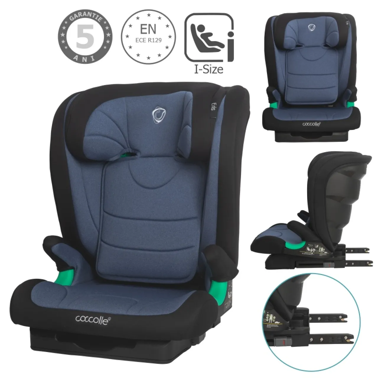 i-Size Isofix car seat Coccolle Eris, 100-150 cm, Adjustable headrest and backrest, Pozitie somn junior, Comfortable armrests, R129 approved, Adjustable Isofix bars, Rock Blue