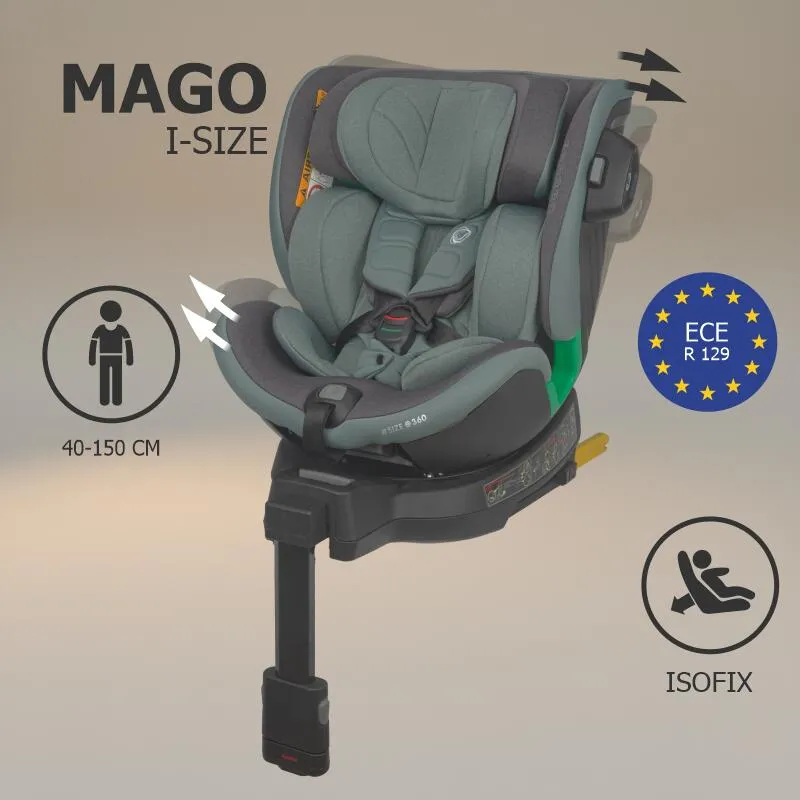 Scaun auto iSize Coccolle Mago Premium, with support leg, Isofix, 40-150 cm, 0-36 kg, 360° rotation, Adjustable headrest, Pozitie somn, Side-impact protection, Anti-rebound bar, Greenstone