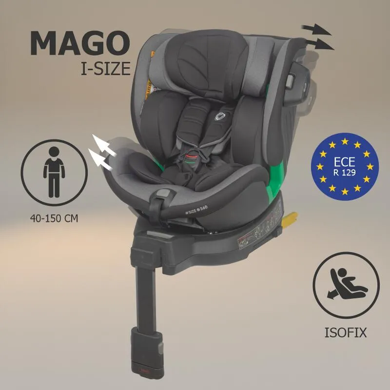 Scaun auto iSize Coccolle Mago Premium, cu picior de fixare, Isofix, 40-150 cm, 0-36 kg, Rotire 360 grade, Tetiera reglabila, Pozitie somn, Protectie impact lateral, Bara recul, Neutral Grey